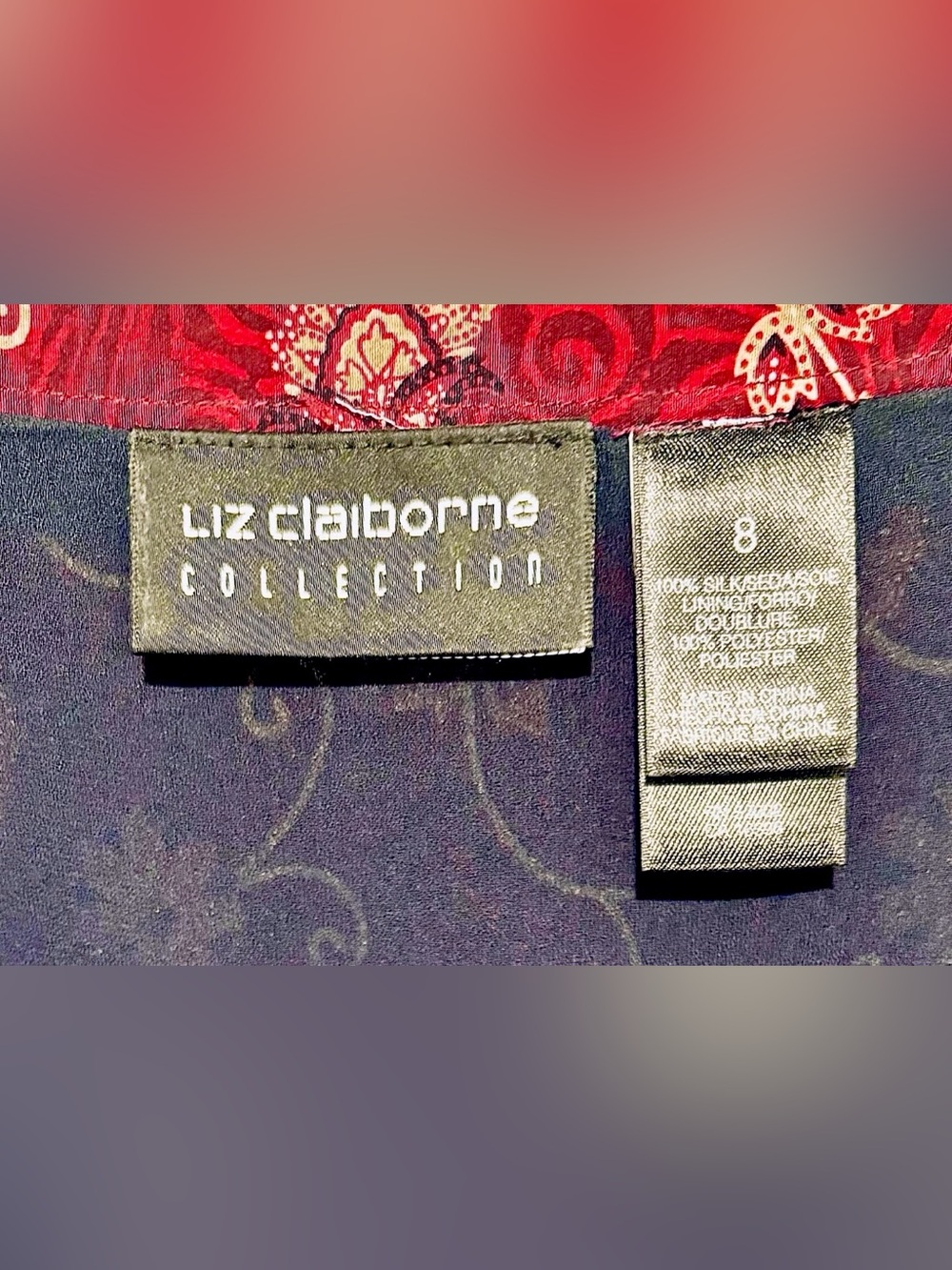Vintage Y2K Liz Claiborne 100% Silk Asian Inspired Wrap Maxi Skirt Red Navy Sz 8 - Picture 6 of 9